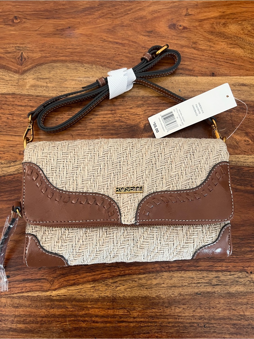 Rosetti Beige & Brown Textured Woven Crossbody with Gold accents